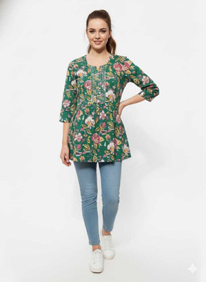 Krishnakala Women Floral Print, Printed A-line Kurta(Green, Multicolor)