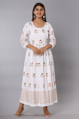 THE FABTASTICS Women Floral Print Flared Kurta(White)