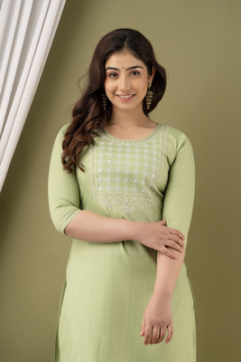 DIPANI Women Printed Straight Kurta(Light Green, White)