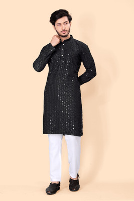KISHANTRADE Men Chikan Embroidery Pathani Kurta(Black)