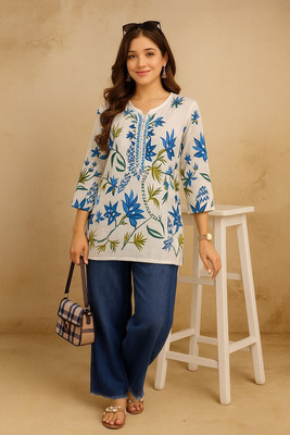 Noorista Creation Women Floral Print, Printed Straight Kurta(White)
