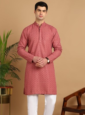 FUBAR Men Chikan Embroidery Straight Kurta(Pink)