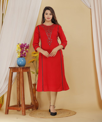 Mehsoos Women Embroidered A-line Kurta(Red)
