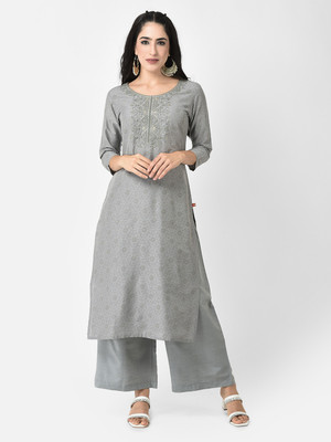 Span Women Self Design Straight Kurta(Grey)