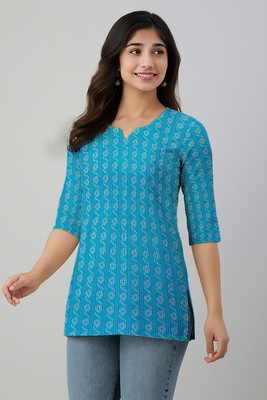 WhiteDoe Women Printed A-line Kurta(Blue)