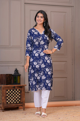 HASTKUNJ Women Floral Print Straight Kurta(Dark Blue, White)