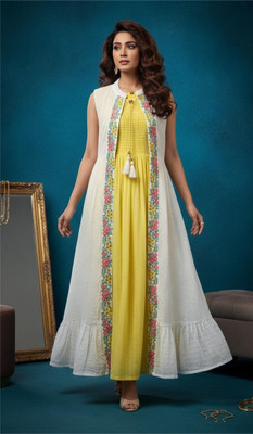 shhop Women Embroidered, Floral Print Anarkali Kurta(Yellow, White)