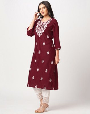 Anmi Chikan Embroidery Women Straight Kurta(Maroon)