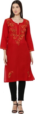 FAWOMENT Women Chikan Embroidery Straight Kurta(Red)