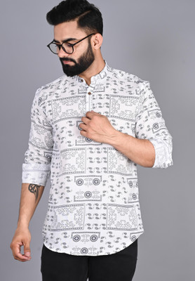 FUBAR Men Printed Straight Kurta(White, Grey)