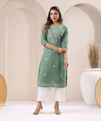 Janasya Women Embroidered Straight Kurta(Green)