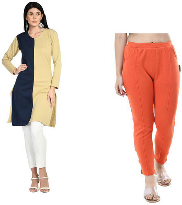 KAVYA Women Solid Straight Kurta(Beige, Dark Blue)