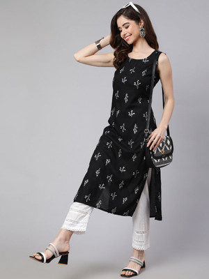 VIHARINI Women Printed Straight Kurta(Black)
