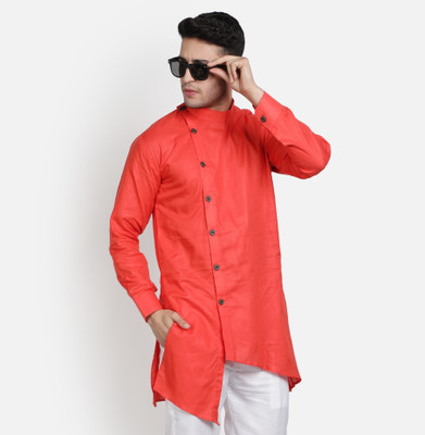 AEW DESIGNS Men Solid Trail Cut Kurta(Orange)