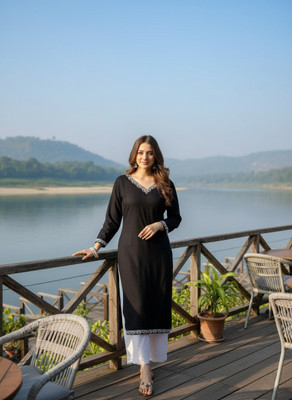 Sita Ramam Fashion Women Embroidered Straight Kurta(Black)