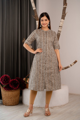 Trivedi EXIM Women Geometric Print A-line Kurta(Beige)