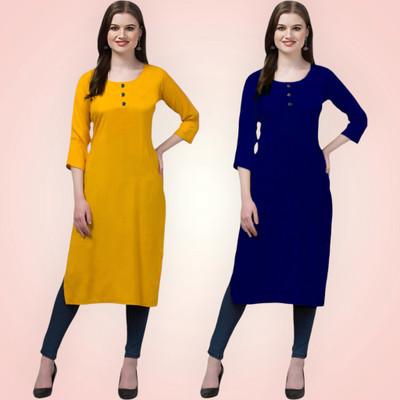 Coft Women Solid Straight Kurta(Blue, Yellow)