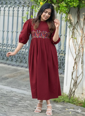 NAU DURGA Women Embroidered, Floral Print, Solid Anarkali Kurta(White)