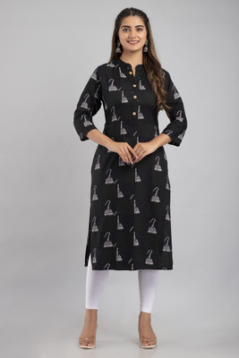 Mauka Women Printed Straight Kurta(Black)