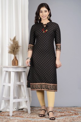 Peachy Robes Women Printed Straight Kurta(Black)