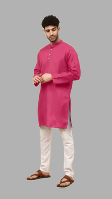 HouseOfCommon Men Solid A-line Kurta(Pink)