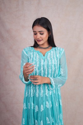 SRI SHYAM CHIKAN Women Embroidered Gown Kurta(Light Blue, White)