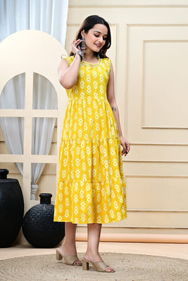 Tvyozs Women Printed A-line Kurta(Yellow)