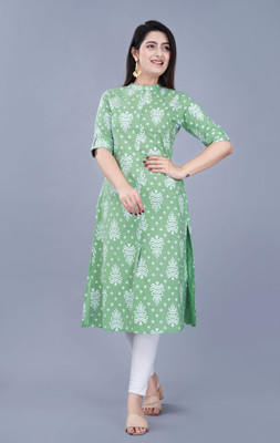 MintMarie Women Printed Frontslit Kurta(Light Green, White)