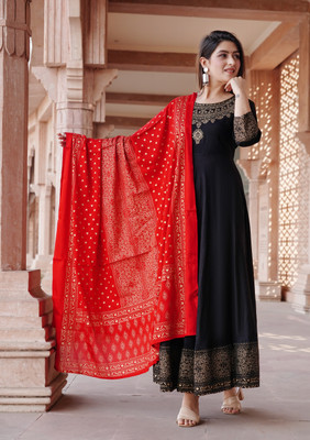 SkyAsia Women Printed Anarkali Kurta(Black)