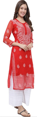 CHIKANKARI BY KK Women Chikan Embroidery Straight Kurta(Red)