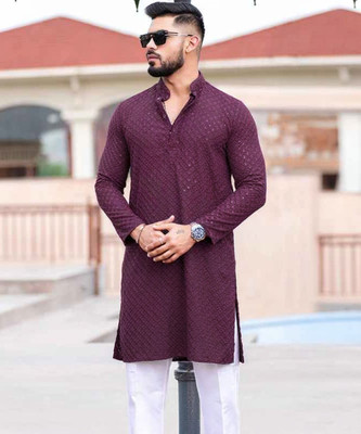 click n buy Men Embroidered Straight Kurta(Purple)