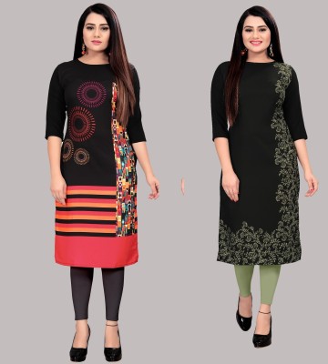 tanvi creation Women Floral Print Straight Kurta(Black)