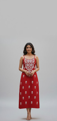 PehnaVastra Fabriks Women Embroidered, Chikan Embroidery Straight Kurta(Red)