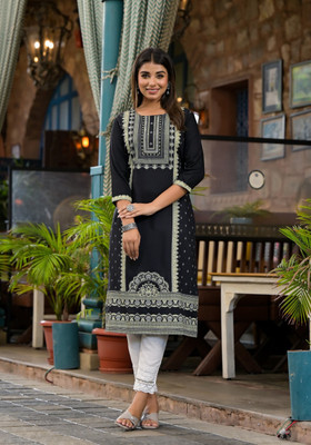 Juniper Women Printed Straight Kurta(Black)