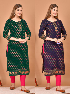 Avnigarments Women Printed, Embroidered A-line Kurta(Dark Blue, Green)
