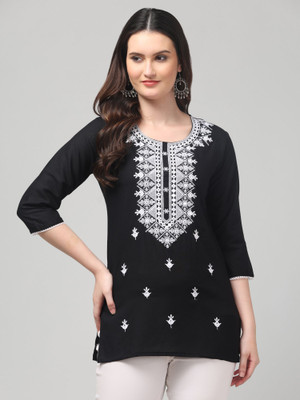 MISS DESIRE Women Chikan Embroidery A-line Kurta(Black)
