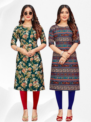 HouseOfCommon Women Printed Straight Kurta(Green, Multicolor)