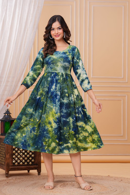 TANTANATAN Women Printed Anarkali Kurta(Dark Green)