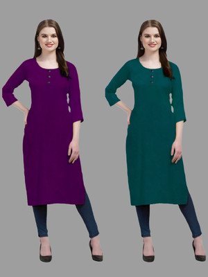 HOFC Women Solid Straight Kurta(Purple, Dark Green)