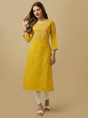 lolokoko Fashion Women Printed Straight Kurta(Yellow, White)