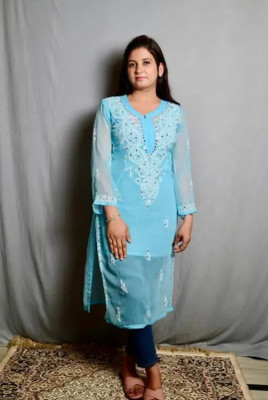 Handwork Chikankari Women Chikan Embroidery A-line Kurta(Light Blue)