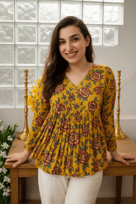 Muntahaa Women Floral Print Flared Kurta(Yellow)