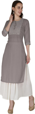fit magic Women Embroidered Straight Kurta(Grey)