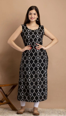 A C KANANI Women Printed Straight Kurta(Black)