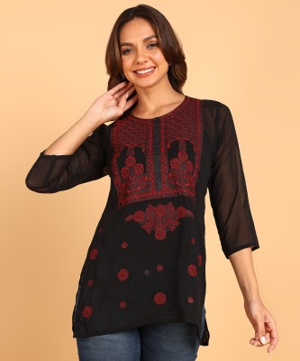 TOP N THREAD Women Chikan Embroidery, Embroidered, Self Design Straight Kurta(Black, Maroon)