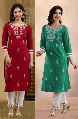 vikshi Women Embroidered Straight Kurta(Multicolor)