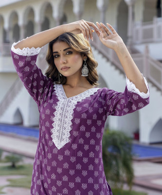 BKApparels Women Printed Straight Kurta(Purple)
