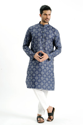 Desivibes Men Printed Straight Kurta(Blue)
