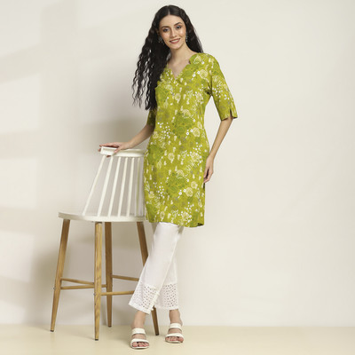 RANGRITI Women Floral Print Straight Kurta(Yellow)