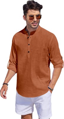 FOLGEN Men Solid Straight Kurta(Brown)